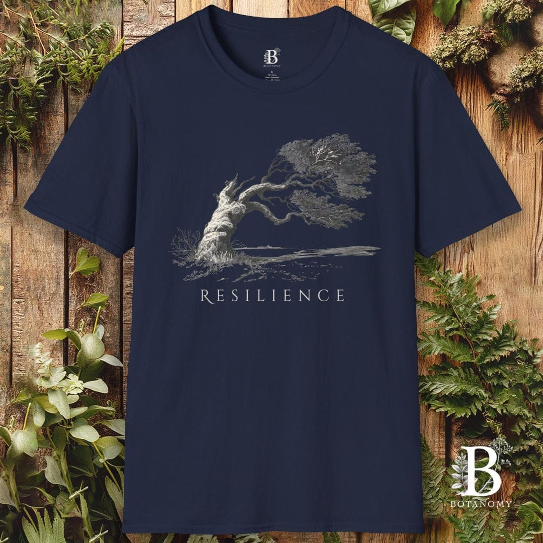 Navy blue t-shirt with 'Resilience' graphic and brand logo on a wooden background