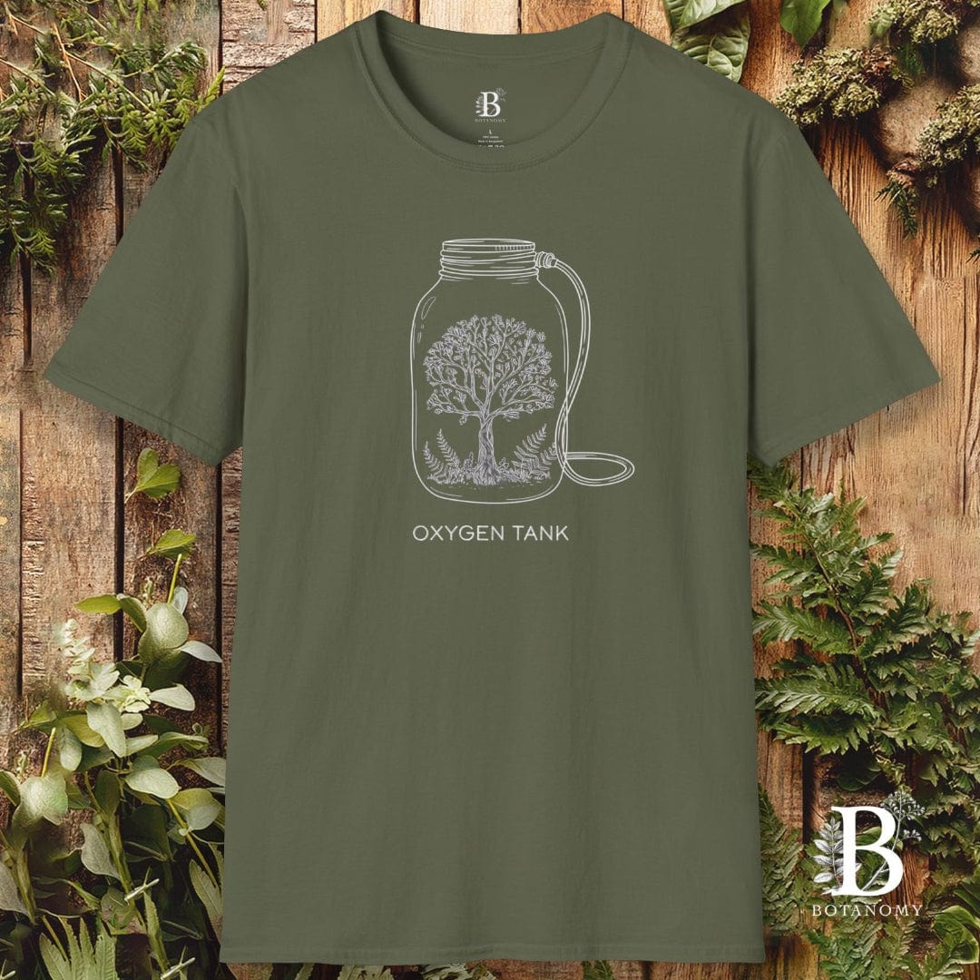Green t-shirt with 'Oxygen Tank' design on a wooden background