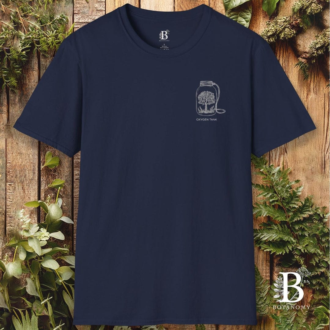 Navy blue t-shirt with a logo on a wooden background