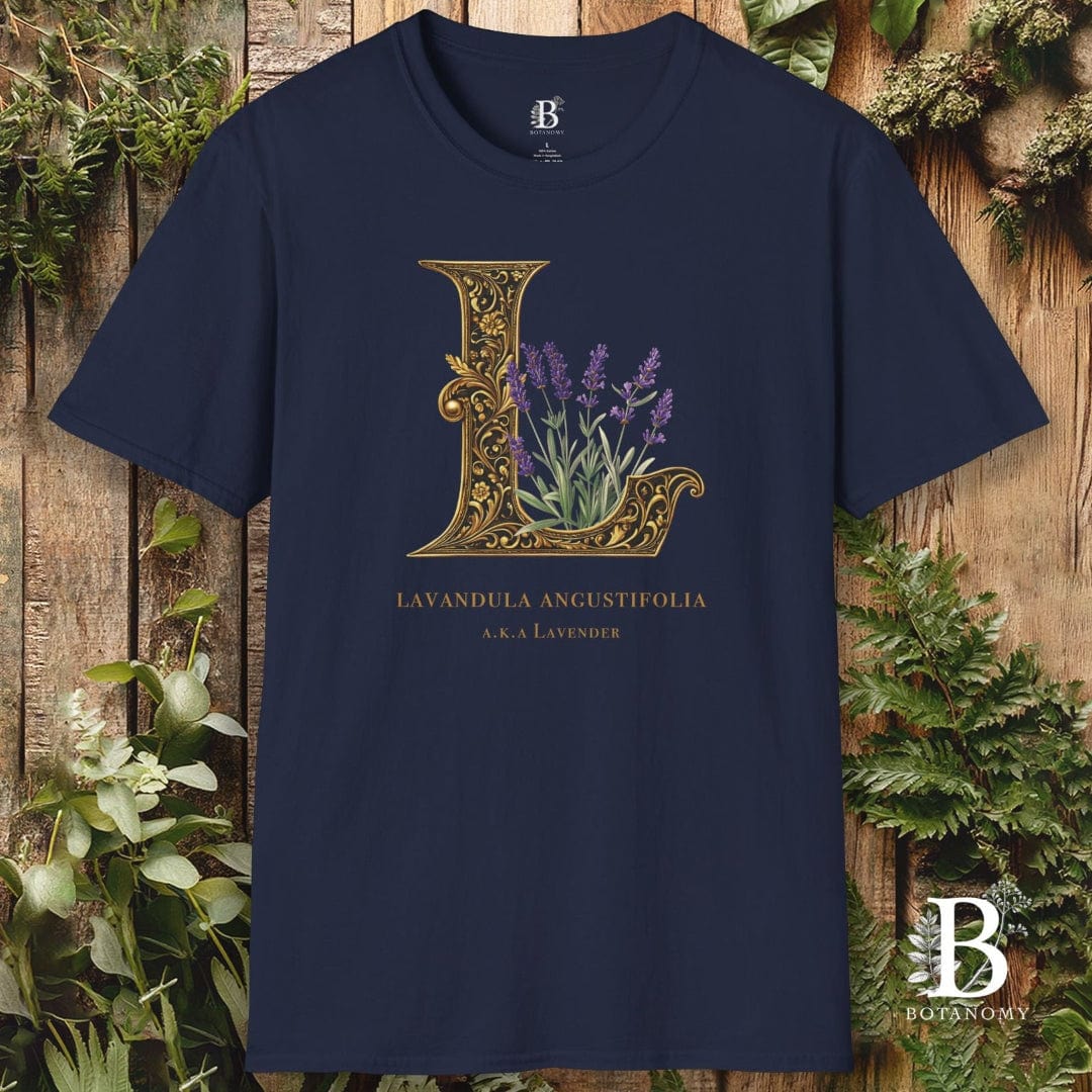 Navy blue t-shirt with decorative 'L' and lavender design on a wooden background