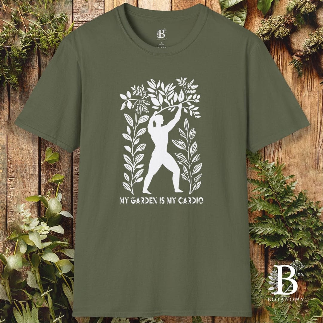 Green t-shirt with white graphic design and text on a wooden background