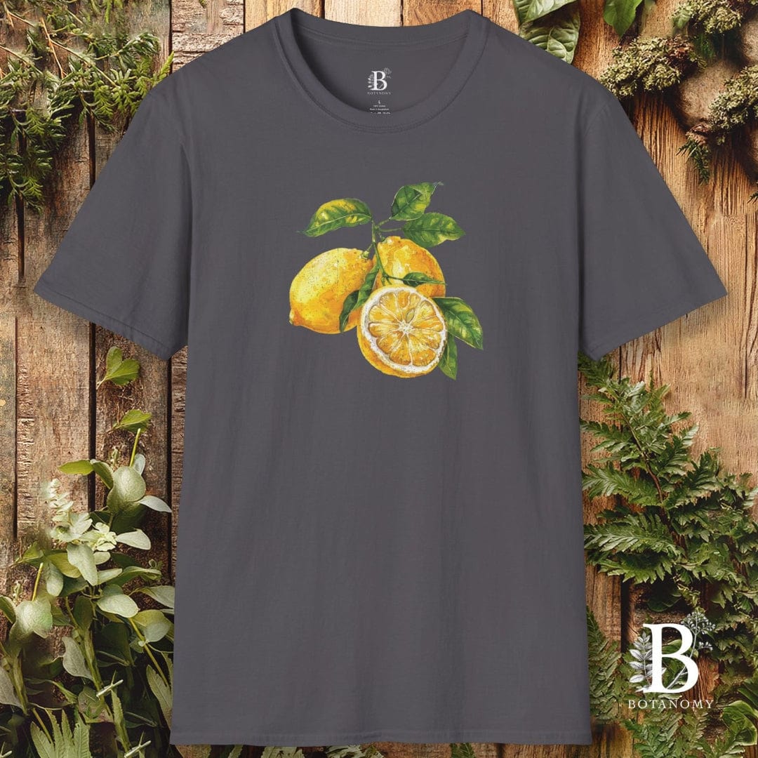 Gray t-shirt with lemon design on a wooden background