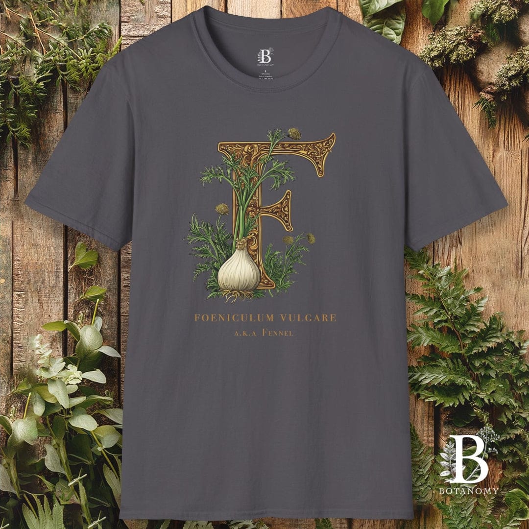 Gray t-shirt with botanical design and brand logo on a wooden background