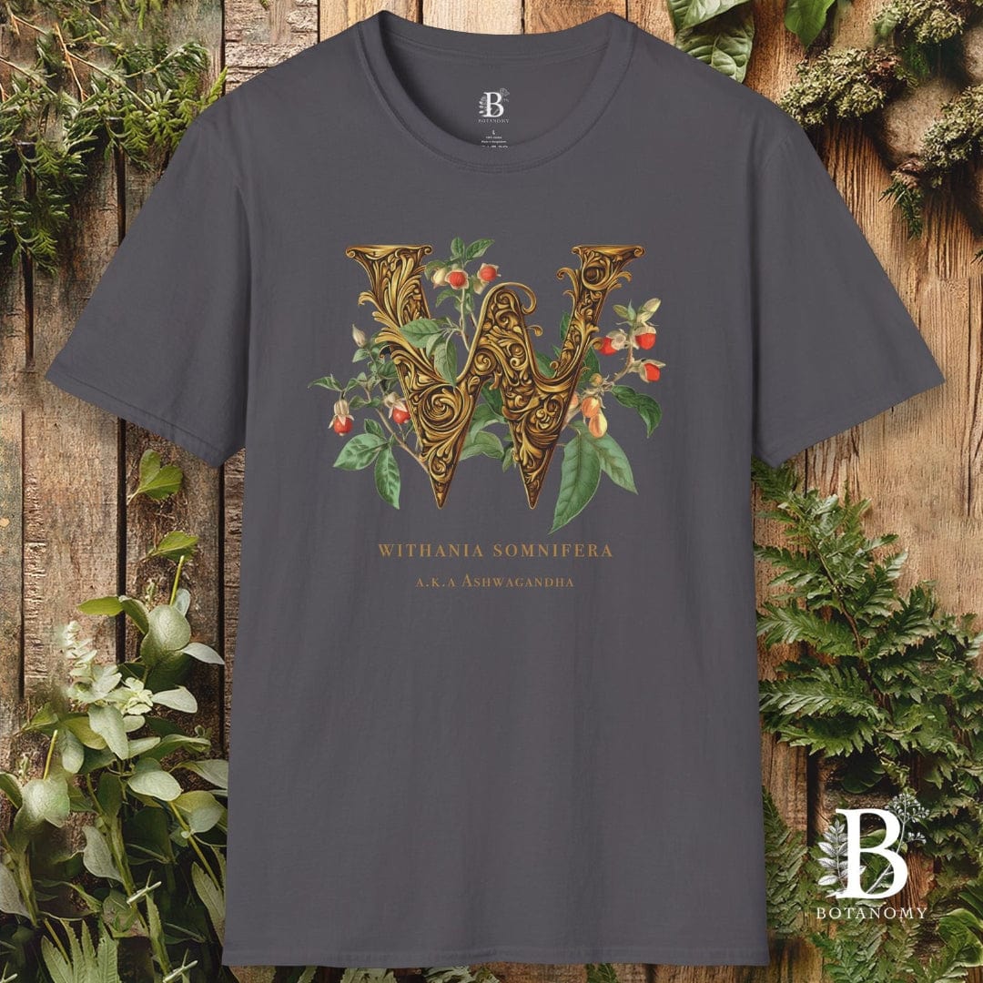 Gray t-shirt with decorative letter 'W' design on a wooden background