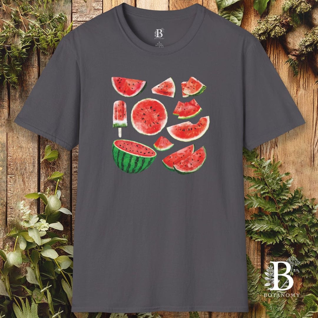Gray t-shirt with watermelon graphics on a wooden background