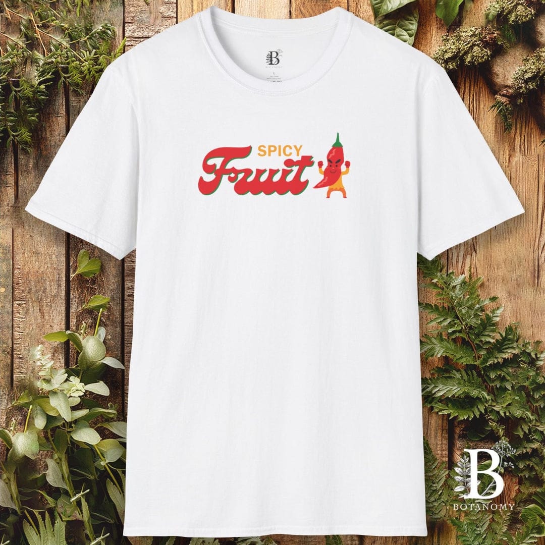 White t-shirt with 'Spicy Fruit' design on a wooden background with plants