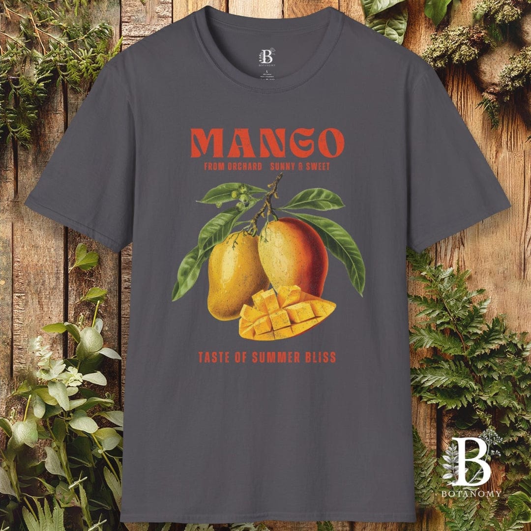 Gray t-shirt with mango graphic and text on a wooden background