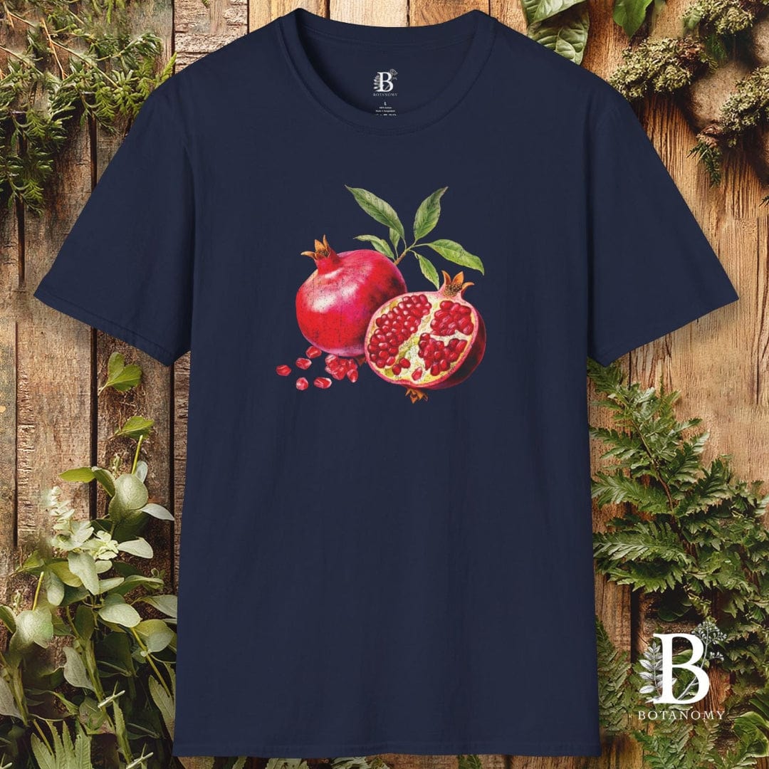 Navy blue t-shirt with pomegranate design on a wooden background