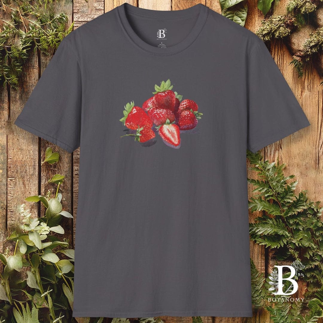 Gray t-shirt with strawberry design on a wooden background
