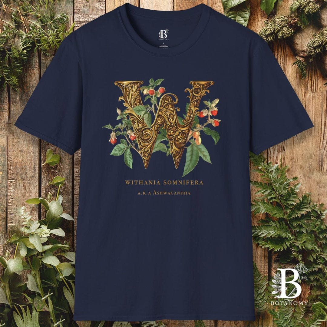 Navy blue t-shirt with decorative letter 'W' design on a wooden background