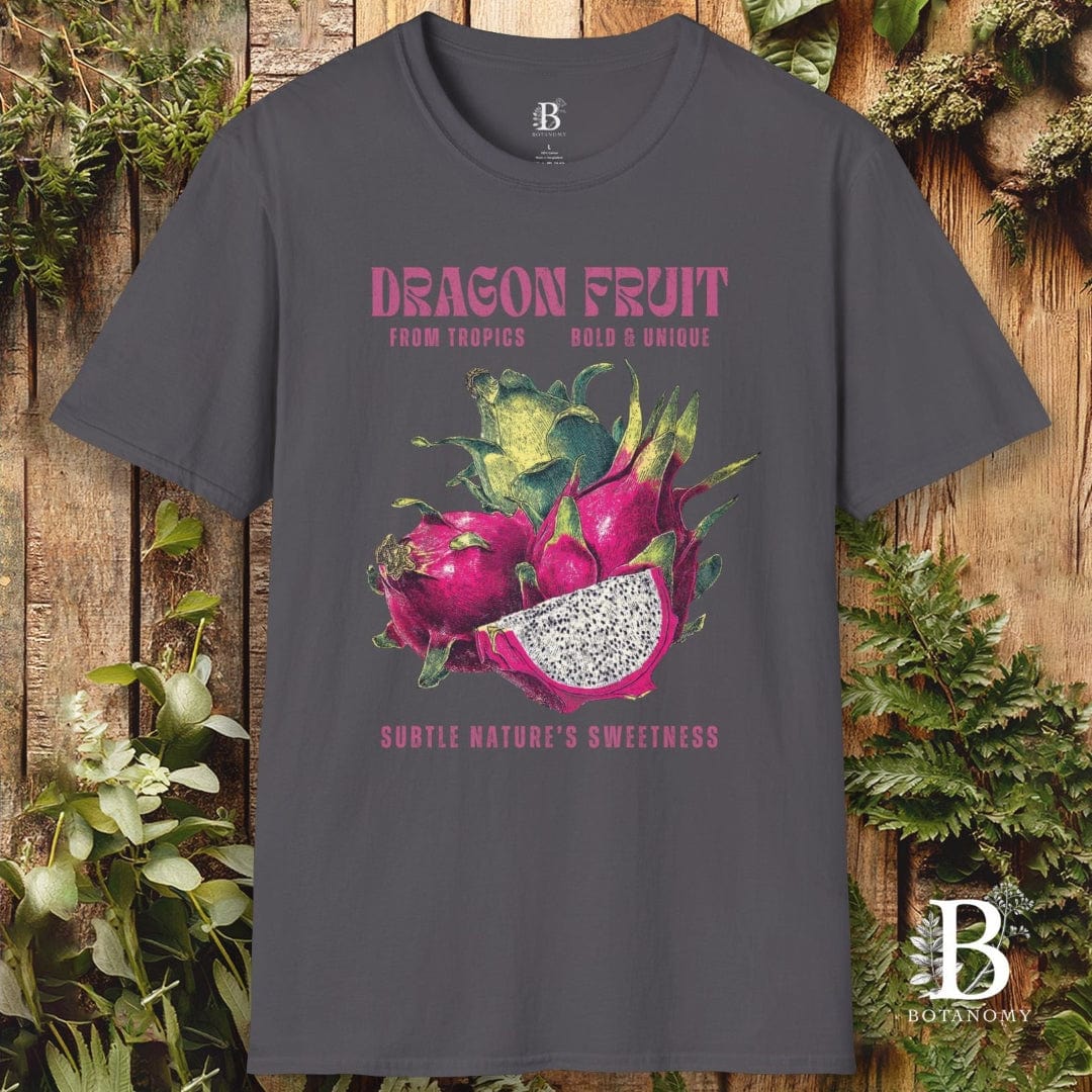 Gray t-shirt with dragon fruit graphic and text on a wooden background