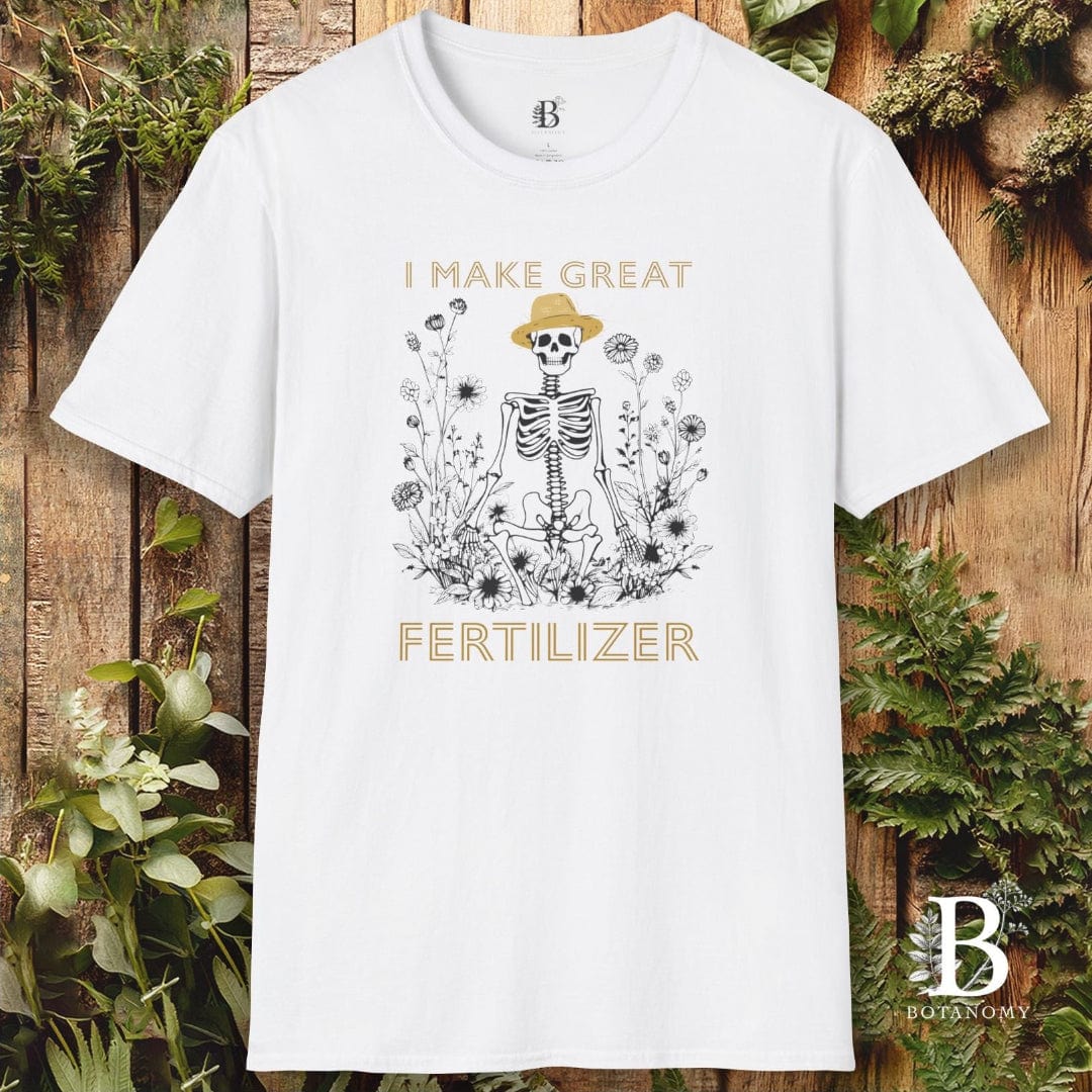 White t-shirt with skeleton design and text on a wooden background