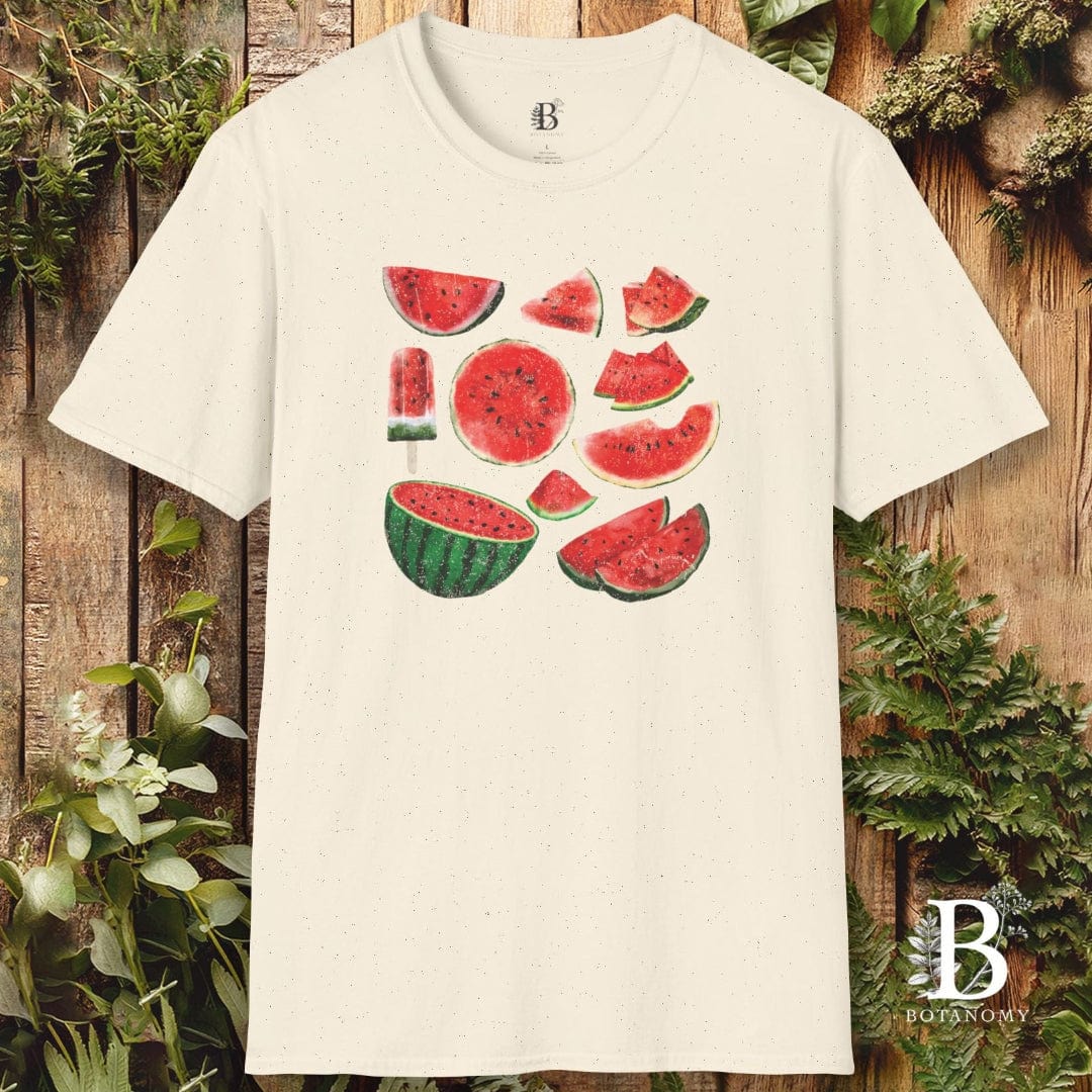 Beige t-shirt with watermelon design on a wooden background