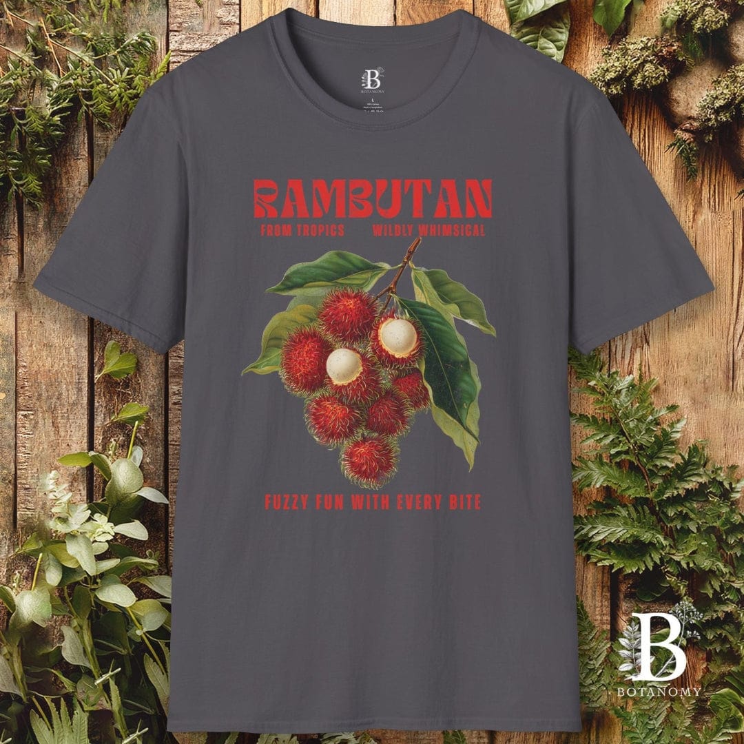 Gray t-shirt with rambutan graphic and text on a wooden background