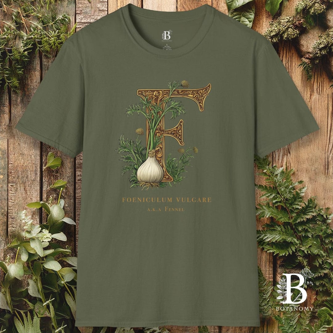 Green t-shirt with botanical design and brand logo on a wooden background