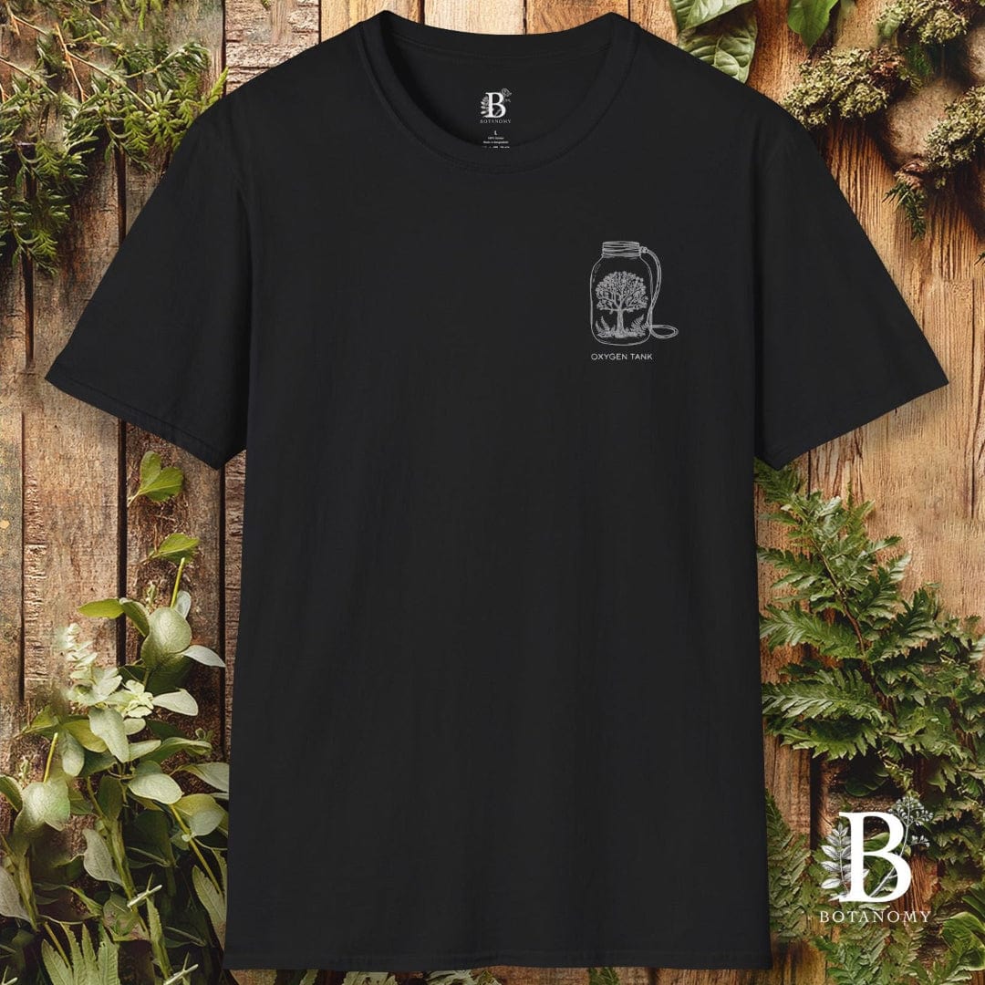 Black t-shirt with a logo on a wooden background