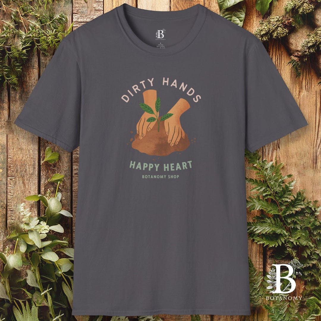 Gray t-shirt with 'Dirty Hands, Happy Heart' graphic and brand logo on a wooden background