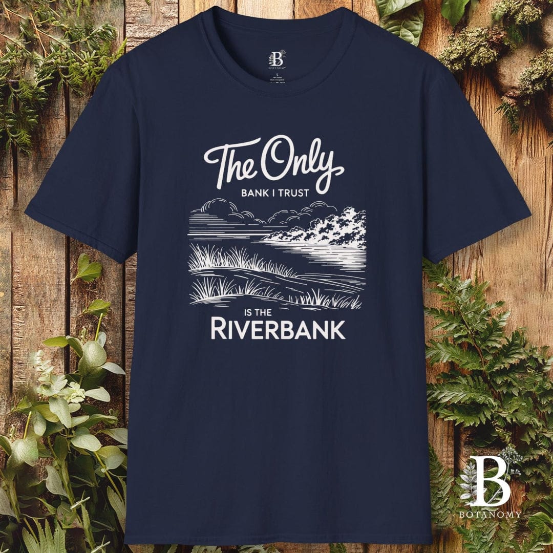 Navy blue t-shirt with white graphic and text on a wooden background