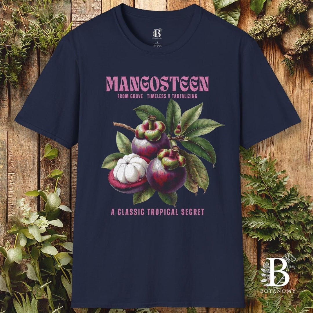 Navy blue t-shirt with mangosteen graphic and text on a wooden background