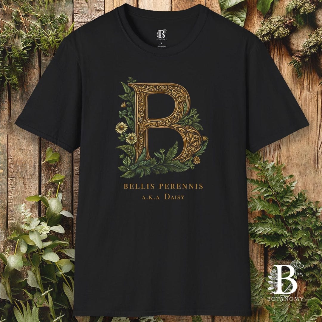 Black t-shirt with floral letter 'B' design on a wooden background