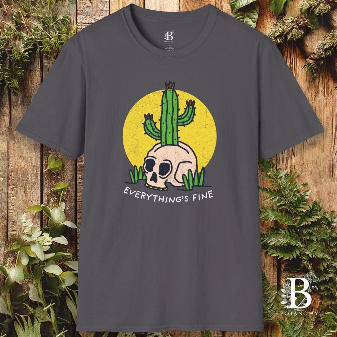 Gray t-shirt with a cactus and skull design and 'Everything's Fine' text, against a wooden background.