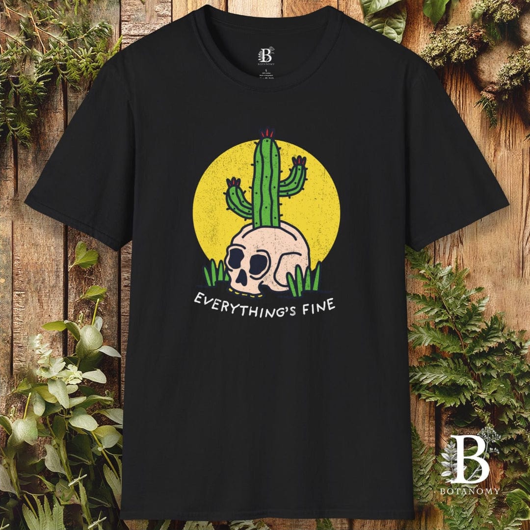 Black t-shirt with a skull and cactus design and 'Everything's Fine' text on a wooden background.