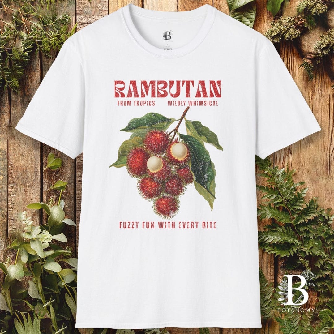 White t-shirt with rambutan graphic design on a wooden background