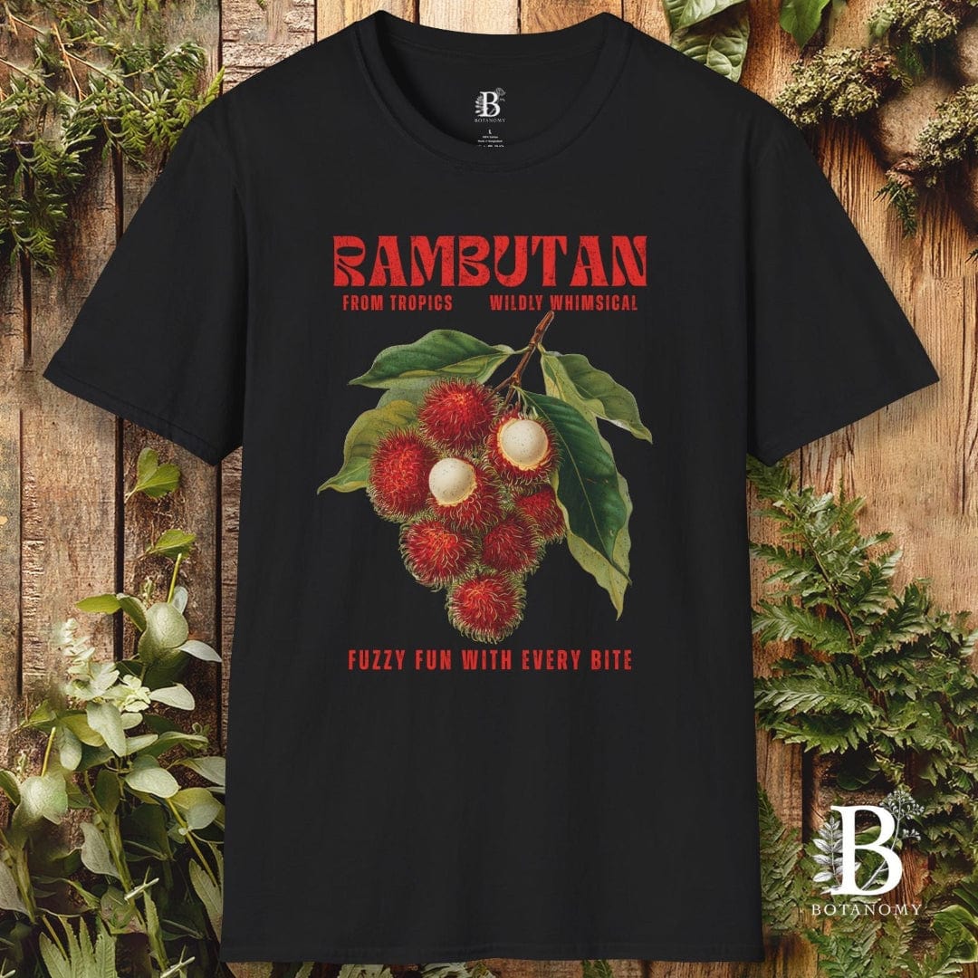 Black t-shirt with rambutan graphic and text on a wooden background