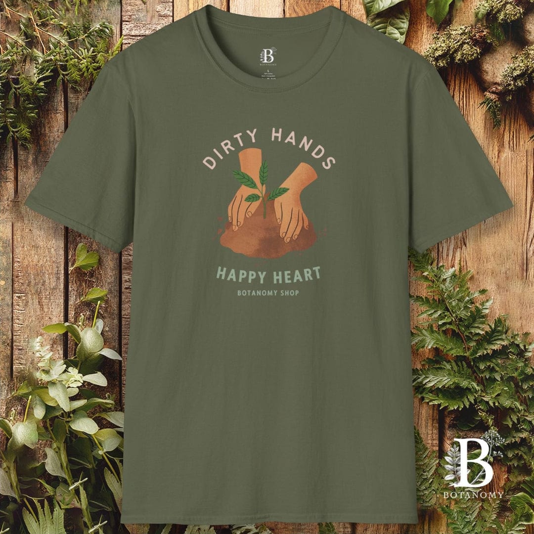 Green t-shirt with 'Dirty Hands, Happy Heart' graphic on a wooden background