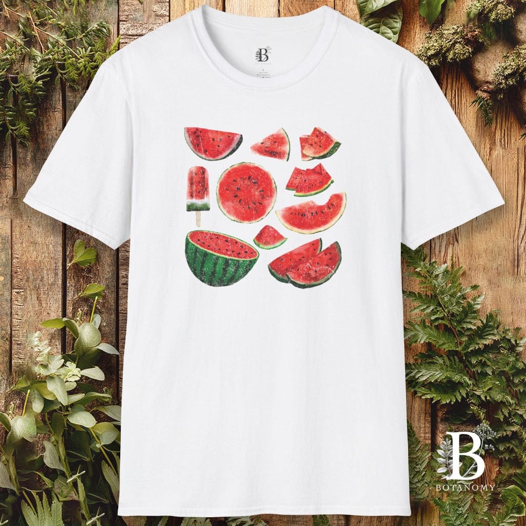 White t-shirt with watermelon design on a wooden background