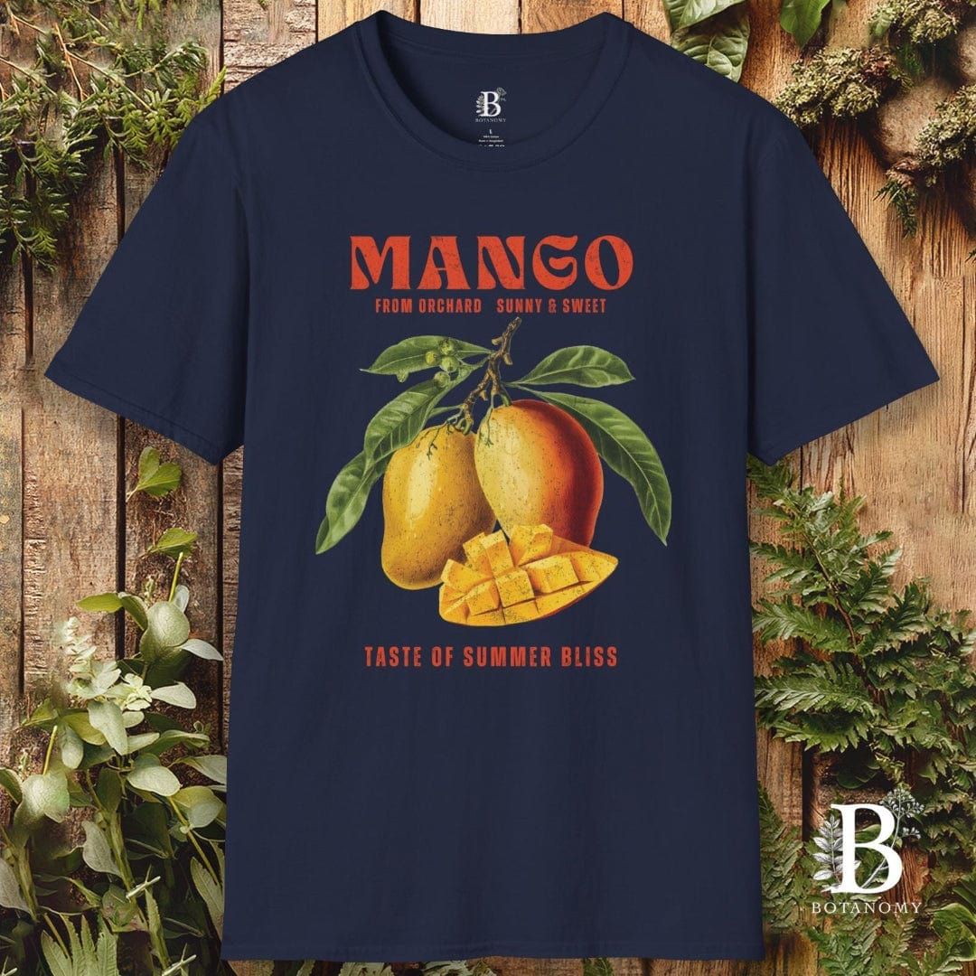 Navy blue t-shirt with mango graphic and text on a wooden background