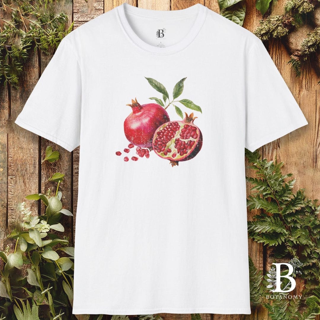 White t-shirt with pomegranate design on a wooden background