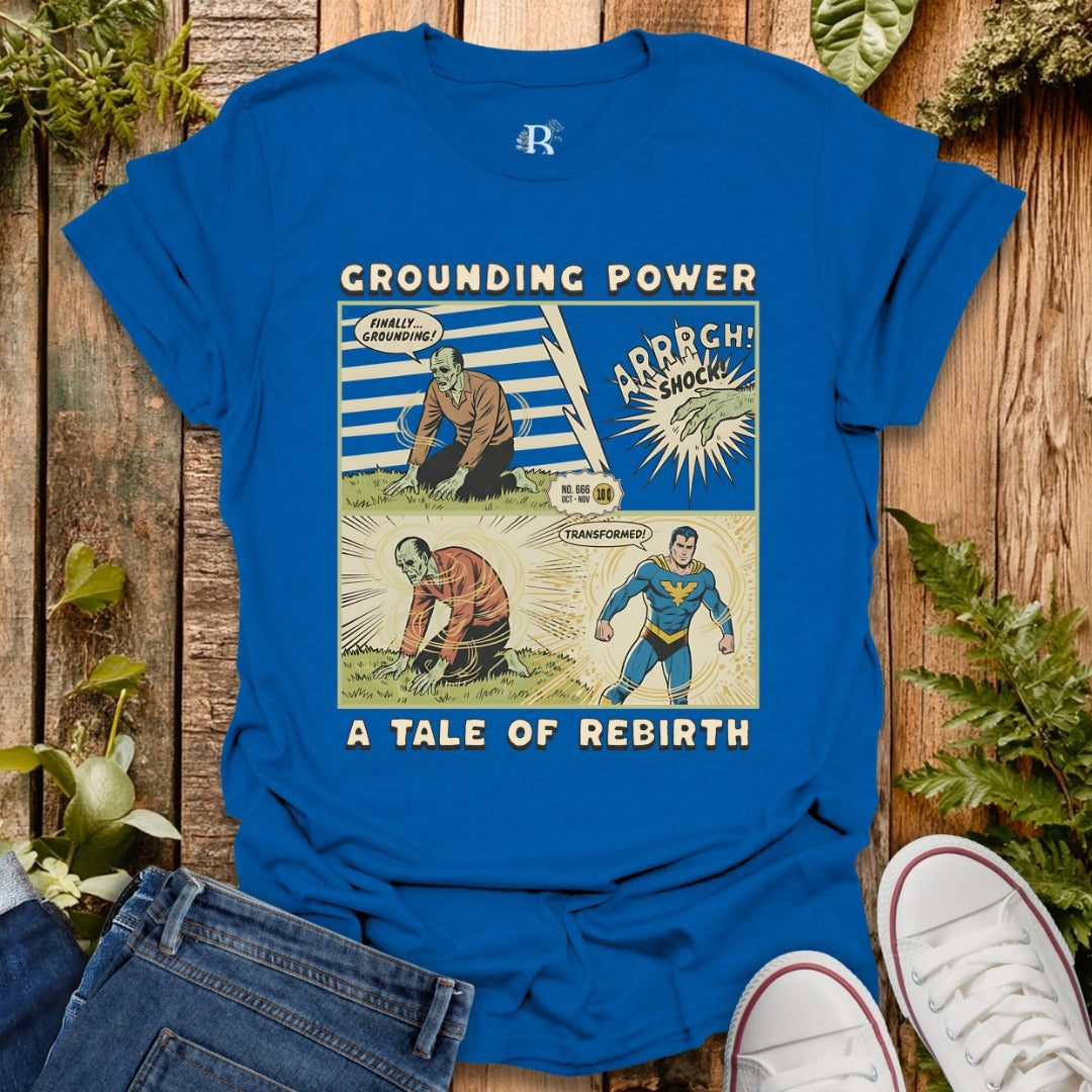 Royal blue t-shirt with Grounding Graphic design showing superman transformation after grounding.