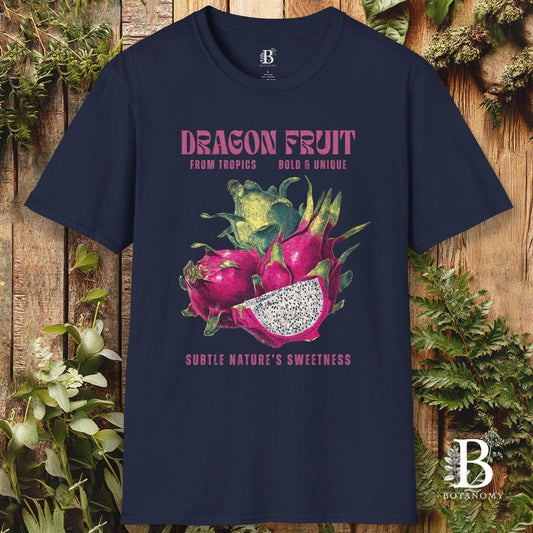 Navy blue t-shirt with dragon fruit graphic and text on a wooden background