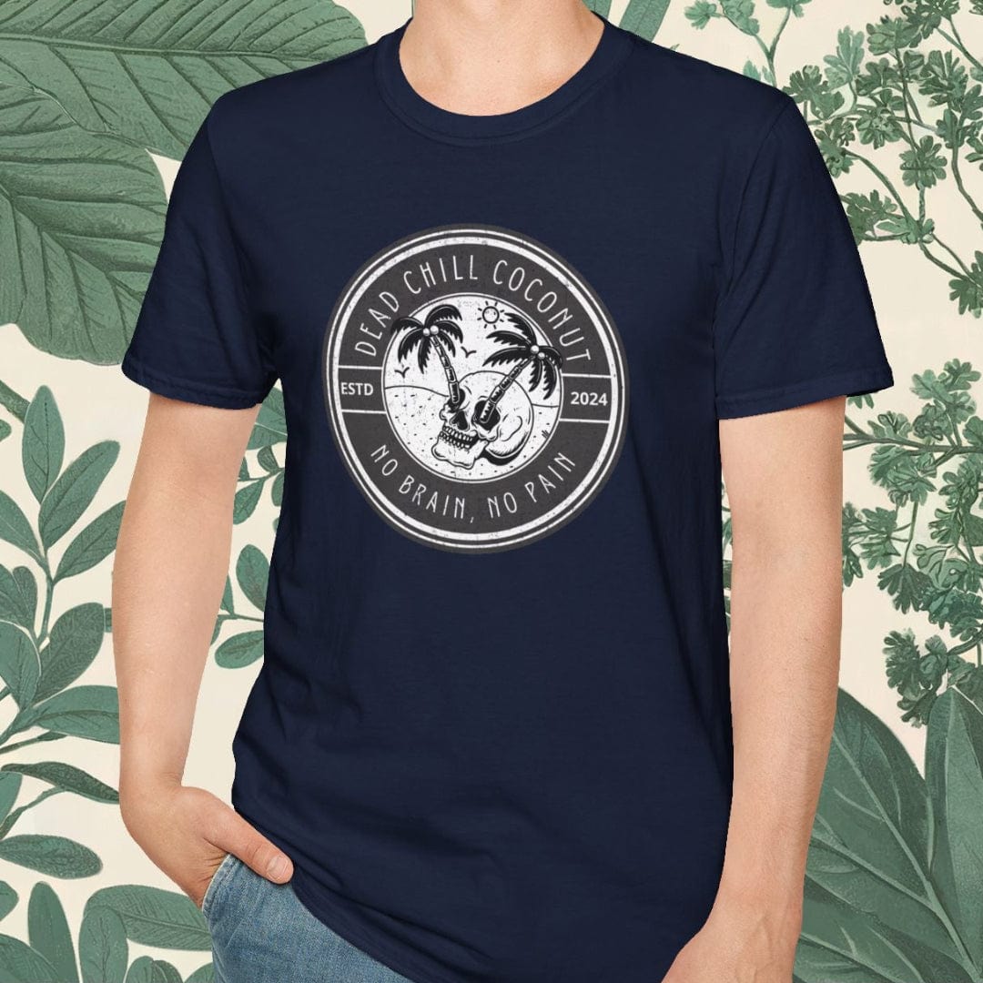 Man wearing a navy blue t-shirt with a palm tree design on a white background
