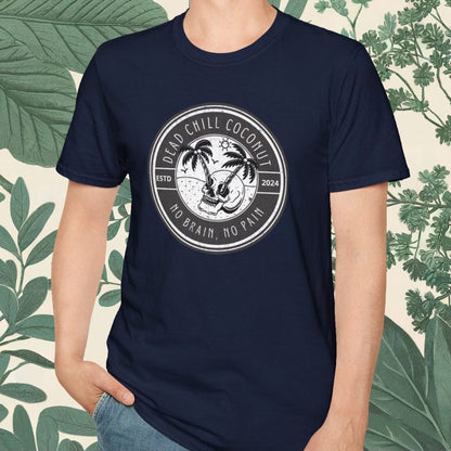 Man wearing a navy blue t-shirt with a palm tree design on a white background