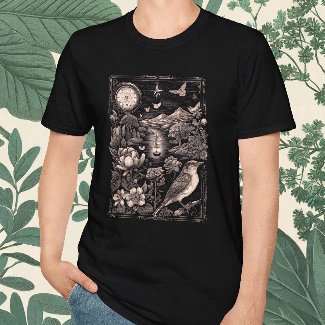 Person wearing a black t-shirt with a nature-themed design, standing against a decorative background with green leaves.