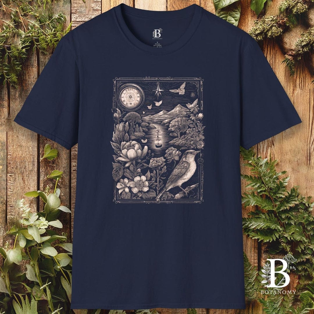 Navy blue t-shirt with nature-themed design on a wooden background