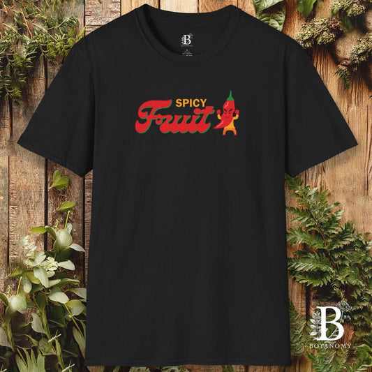 Black t-shirt with 'Spicy Fruit' design on a wooden background