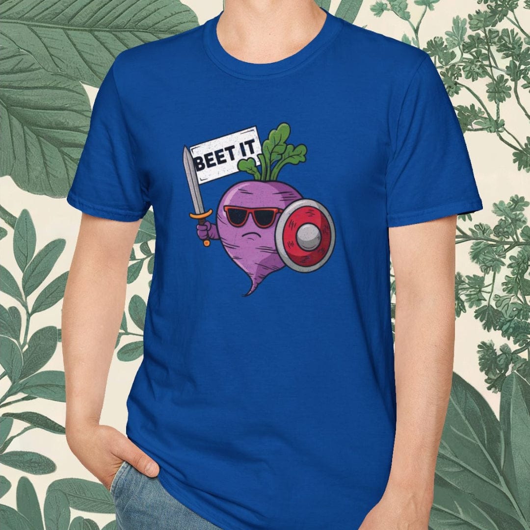 Person wearing a blue t-shirt with a graphic design of a beet wearing sunglasses and a hat, with text 'BEET IT'.