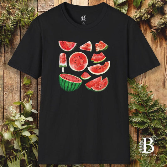 Black t-shirt with watermelon graphics on a wooden background