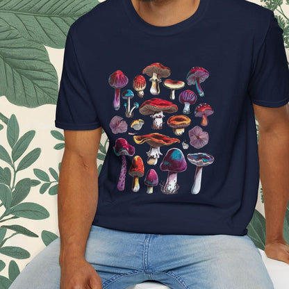 Man wearing navy psychedelic poisonous mushrooms graphic t-shirt.