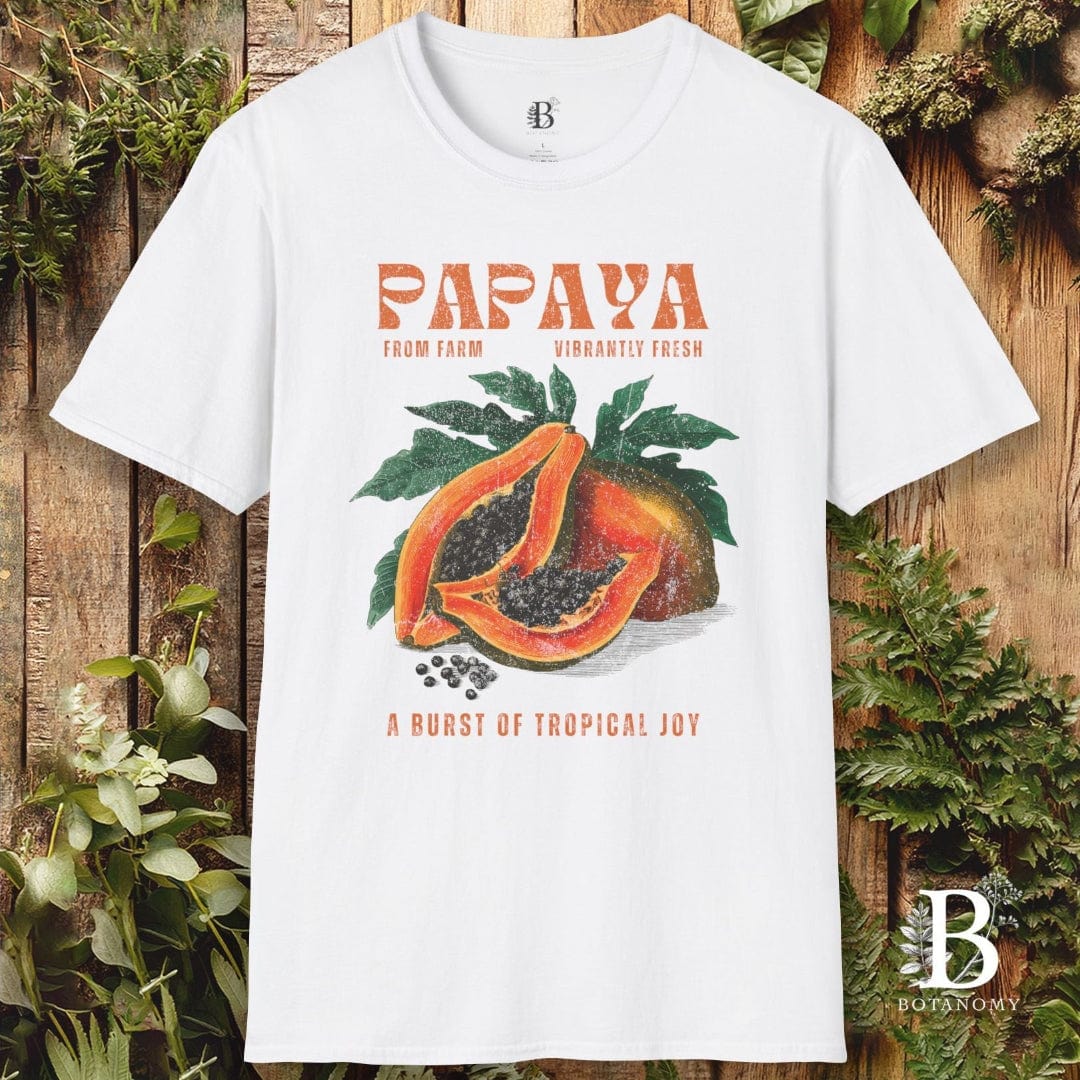 White t-shirt with papaya graphic and text on a wooden background