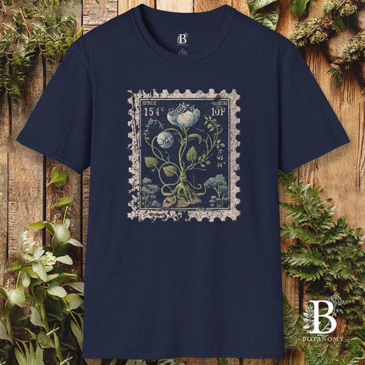 Navy blue t-shirt with a floral design on a wooden background