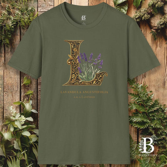 Green t-shirt with lavender design and brand logo on a wooden background