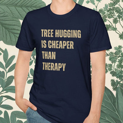 Man wearing navy t-shirt with text: Tree hugging is cheaper than therapy