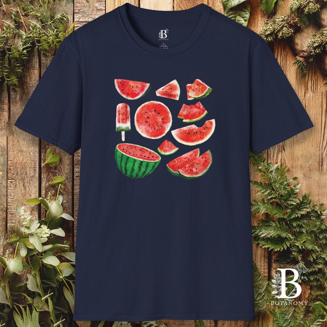 Navy blue t-shirt with watermelon graphics on a wooden background