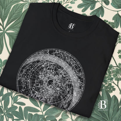 Black folded up close up of t-shirt with constellation graphic design.