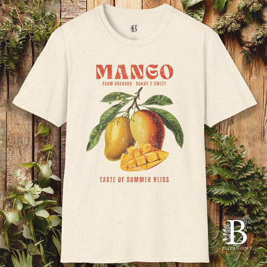 Beige t-shirt with mango graphic and text on a wooden background
