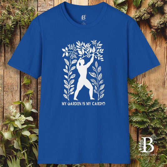 Blue t-shirt with white graphic design and text on a wooden background